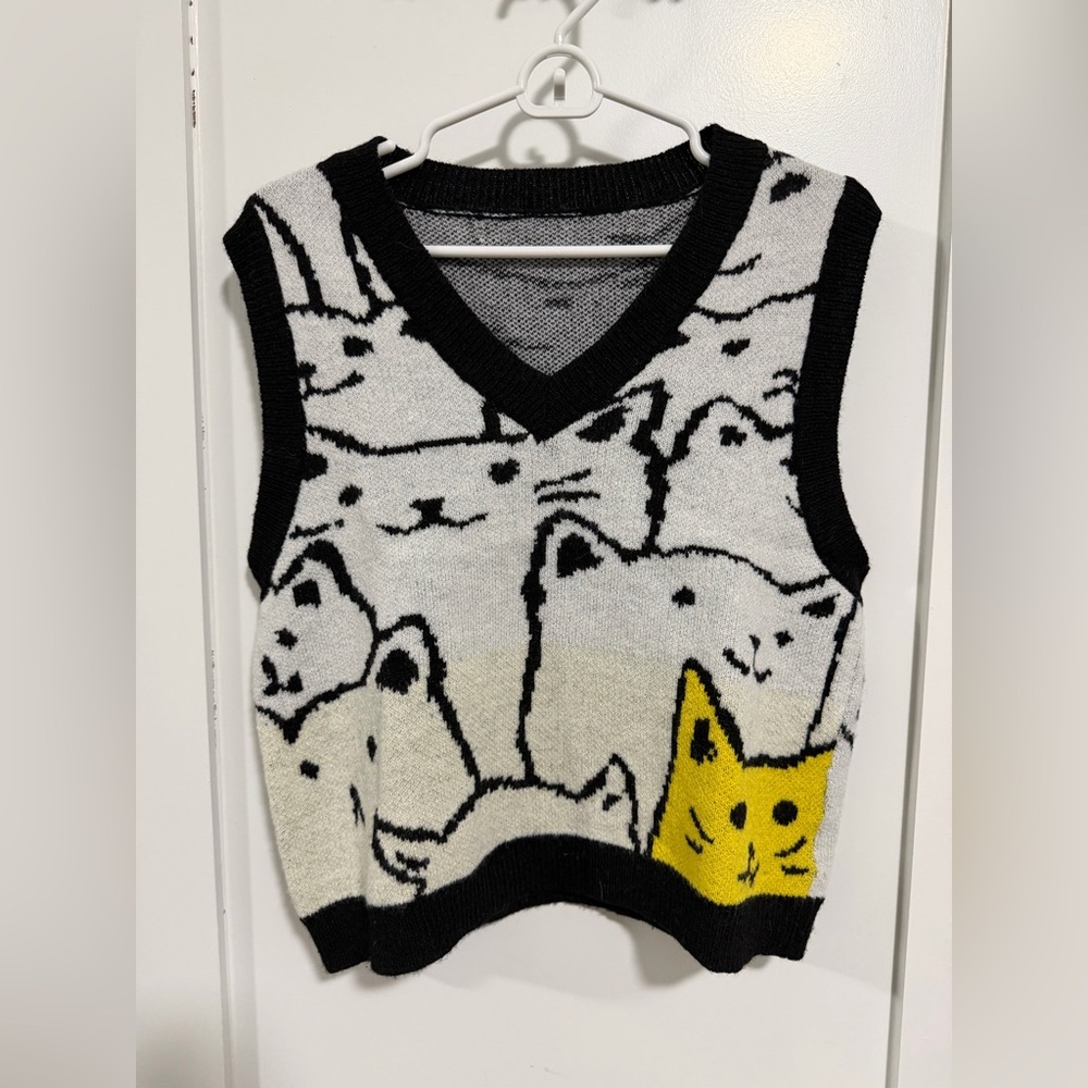 Black & White Cat Pattern Sweater Vest